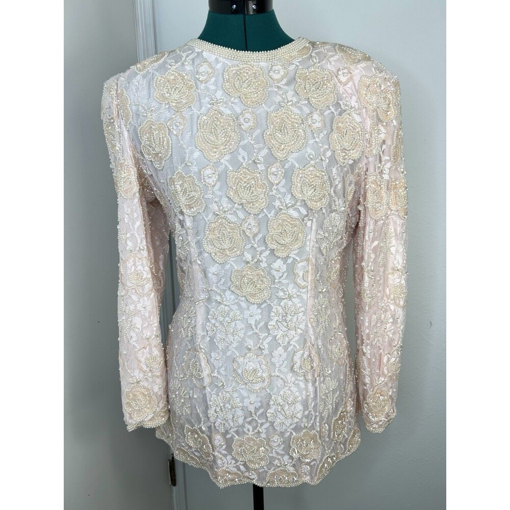 VTG Laurence Kazar Pink Sequin Beaded Lace Blouse Size L Regalcore Elegance